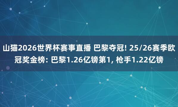 山猫2026世界杯赛事直播 巴黎夺冠! 25/26赛季欧冠奖金榜: 巴黎1.26亿镑第1, 枪手1.22亿镑